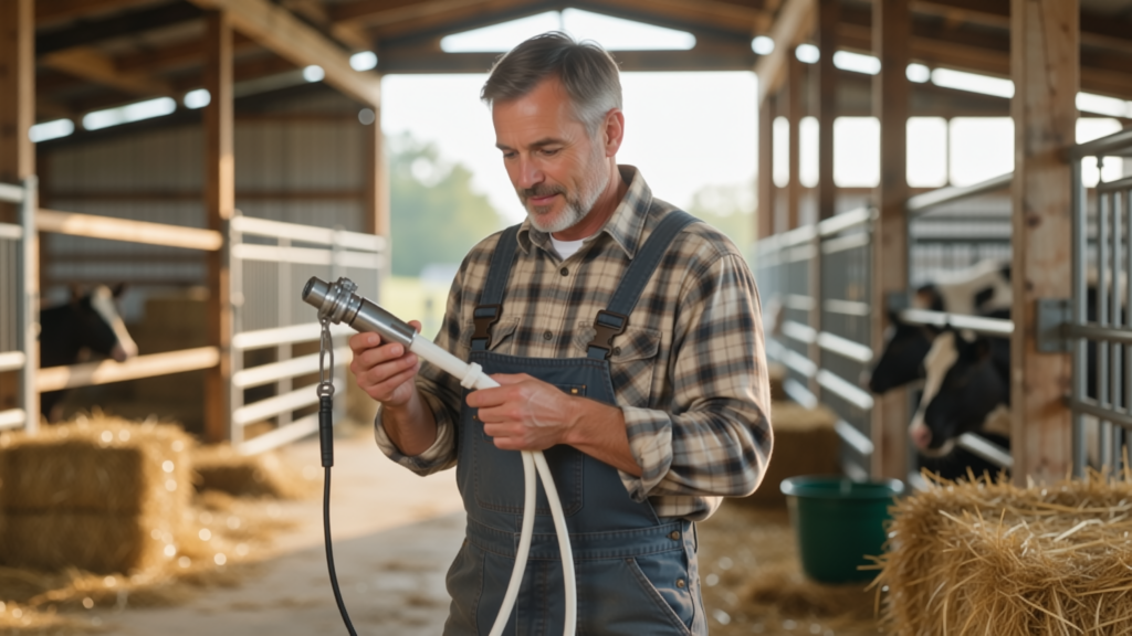 Agricultural worker selecting PTO shaft using digital tools